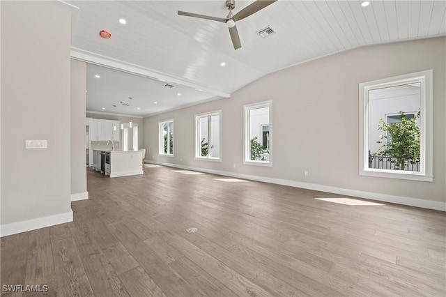 1134 Trail Terrace Dr, Naples, FL 34103 - unfurnished living room with a ceiling fan, lofted ceiling, light wood-style flooring, baseboards, and visible vents