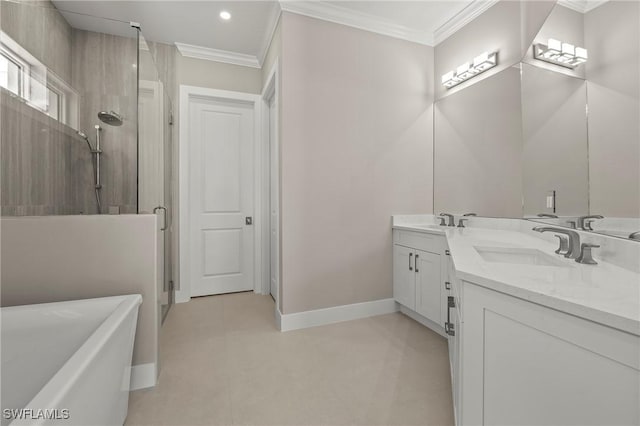 1134 Trail Terrace Dr, Naples, FL 34103 - bathroom with a soaking tub, a shower with door, crown molding, and double vanity