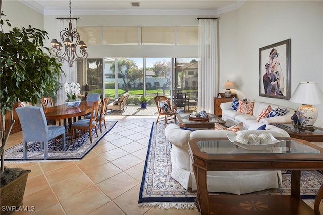 living room with crown molding, light tile patterned floors, and a chandelier