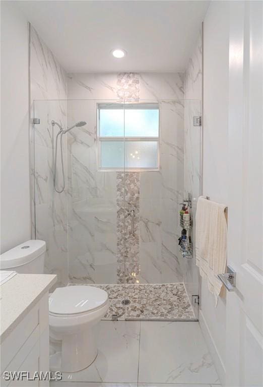 233 39th Ave NE, Naples, FL 34120 - full bath with toilet, marble finish floors, a marble finish shower, vanity, and recessed lighting