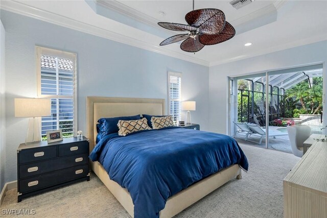 16017 Delarosa Ln, Naples, FL 34110 - carpeted bedroom with visible vents, access to outside, a raised ceiling, and crown molding