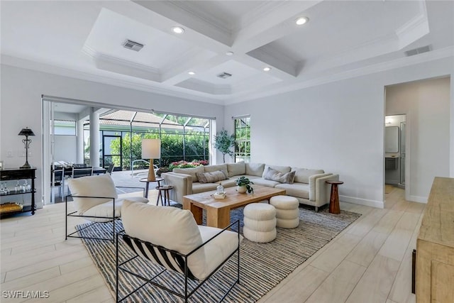 16017 Delarosa Ln, Naples, FL 34110 - living area featuring coffered ceiling, ornamental molding, beam ceiling, and visible vents