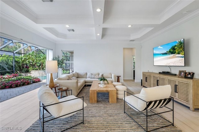16017 Delarosa Ln, Naples, FL 34110 - living room featuring light wood finished floors, beam ceiling, visible vents, recessed lighting, and coffered ceiling
