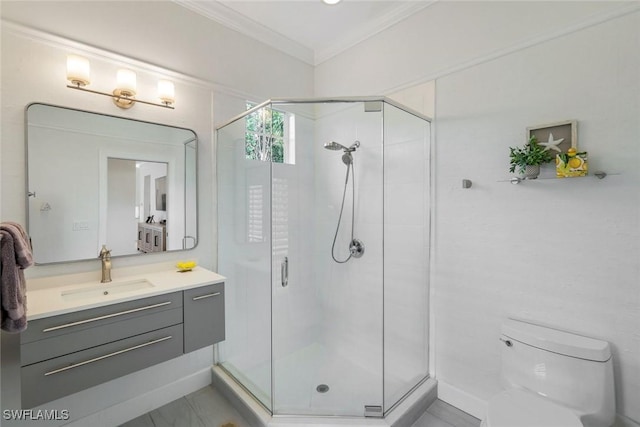 16017 Delarosa Ln, Naples, FL 34110 - bathroom featuring toilet, ornamental molding, vanity, and a stall shower