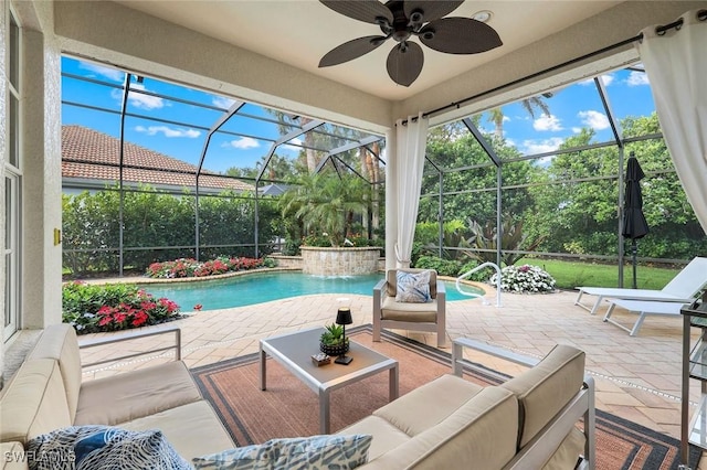 16017 Delarosa Ln, Naples, FL 34110 - view of patio / terrace with a ceiling fan, a lanai, an outdoor pool, and an outdoor living space