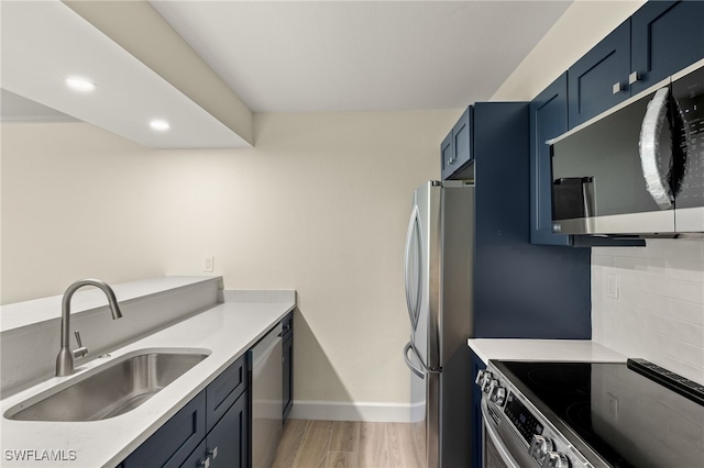 1501 Middle Gulf Dr Unit I-101, Sanibel, FL 33957 - kitchen featuring light wood finished floors, stainless steel appliances, tasteful backsplash, a sink, and blue cabinets