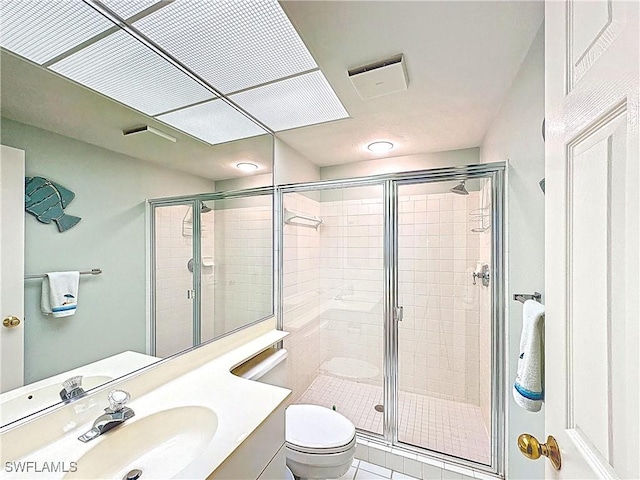 full bathroom with toilet, vanity, a stall shower, and visible vents