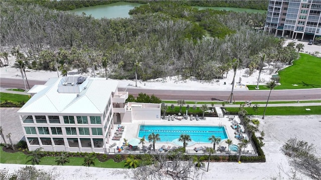 drone / aerial view with a water view