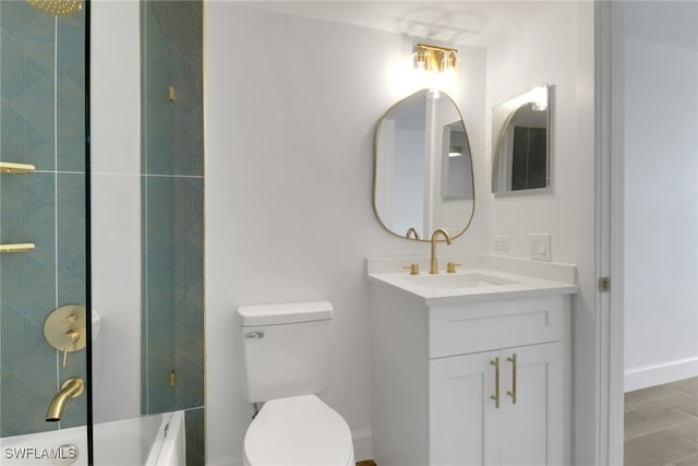 full bathroom with toilet, vanity, a bathtub, and walk in shower