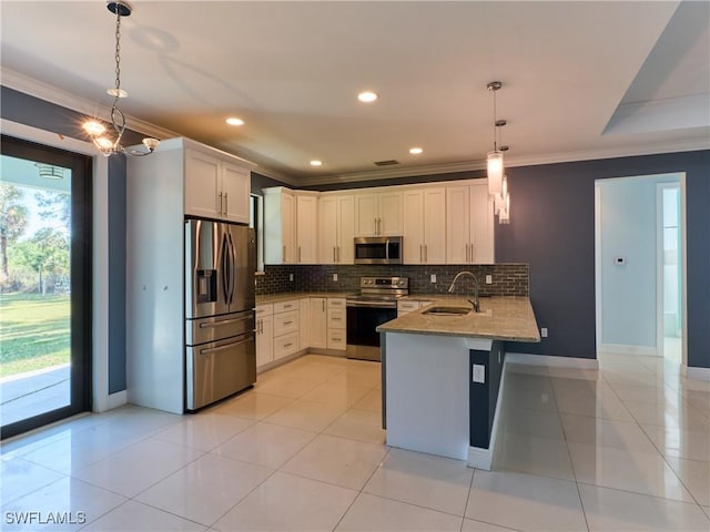 4324 22nd Ave SE, Naples, FL 34117 - kitchen featuring a sink, stainless steel appliances, a peninsula, decorative backsplash, and ornamental molding