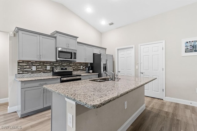 kitchen with a kitchen island with sink, tasteful backsplash, appliances with stainless steel finishes, a sink, and gray cabinetry