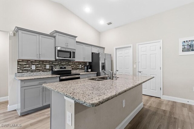 1405 Cleveland Ave, Lehigh Acres, FL 33972 - kitchen featuring appliances with stainless steel finishes, gray cabinetry, high vaulted ceiling, an island with sink, and backsplash