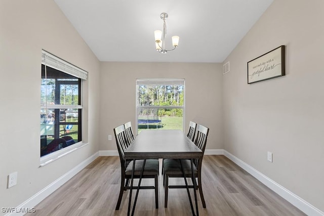 dining area featuring baseboards, visible vents, a chandelier, and plenty of natural light