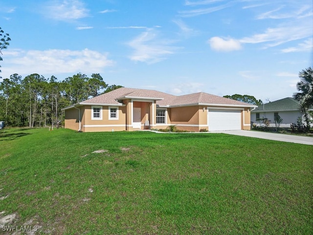 view of front facade featuring a front lawn, stucco siding, an attached garage, and concrete driveway