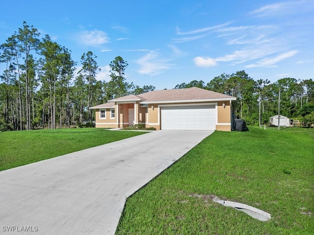 ranch-style home with driveway, stucco siding, a front yard, and an attached garage