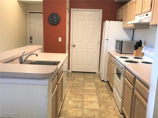 11510 Villa Grand Unit 418, Fort Myers, FL 33913 - kitchen featuring light countertops, white electric stove, stainless steel microwave, under cabinet range hood, and a sink