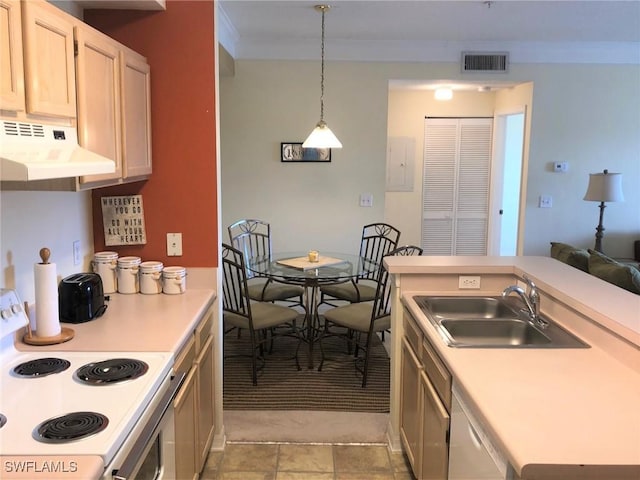11510 Villa Grand Unit 418, Fort Myers, FL 33913 - kitchen featuring light countertops, white electric range oven, under cabinet range hood, a sink, and visible vents