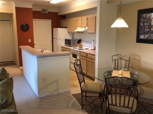 11510 Villa Grand Unit 418, Fort Myers, FL 33913 - kitchen with crown molding, light countertops, under cabinet range hood, white appliances, and visible vents