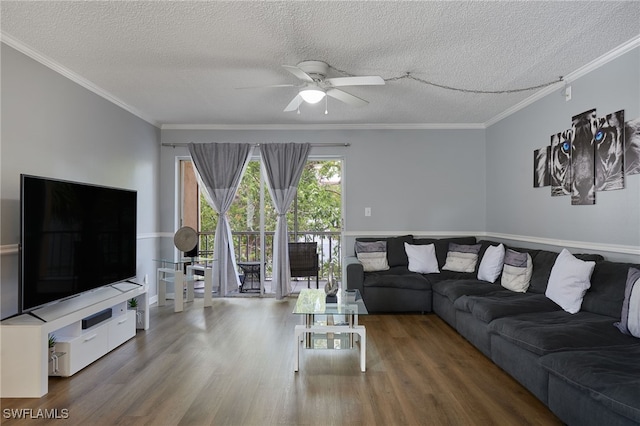 2366 E Mall Dr Unit 309, Fort Myers, FL 33901 - living area with a ceiling fan, crown molding, a textured ceiling, and wood finished floors