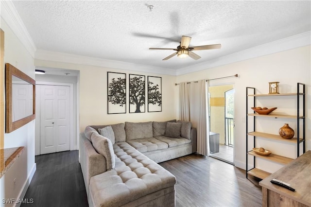 11520 Villa Grand Unit 1018, Fort Myers, FL 33913 - living room featuring dark wood-style flooring, a textured ceiling, ornamental molding, and ceiling fan