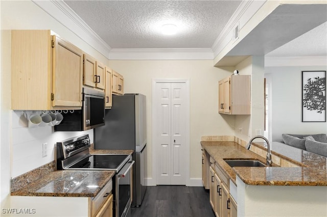 11520 Villa Grand Unit 1018, Fort Myers, FL 33913 - kitchen with crown molding, stainless steel range with electric cooktop, a textured ceiling, light brown cabinetry, and a sink
