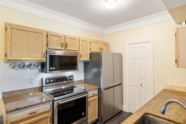 11520 Villa Grand Unit 1018, Fort Myers, FL 33913 - kitchen with stone counters, light brown cabinets, a textured ceiling, crown molding, and appliances with stainless steel finishes