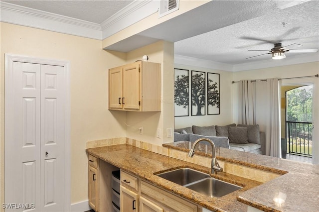 11520 Villa Grand Unit 1018, Fort Myers, FL 33913 - kitchen with ceiling fan, a textured ceiling, ornamental molding, a sink, and light brown cabinets