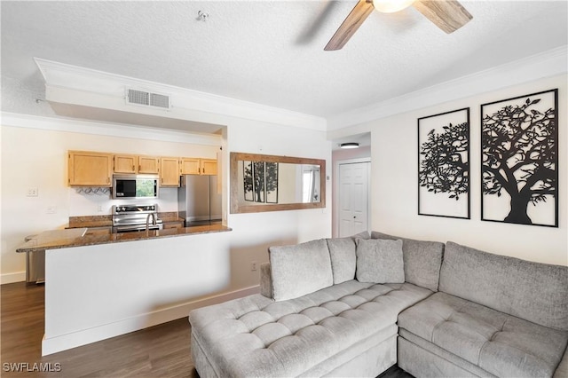 11520 Villa Grand Unit 1018, Fort Myers, FL 33913 - living area featuring visible vents, ceiling fan, a textured ceiling, crown molding, and dark wood-style floors