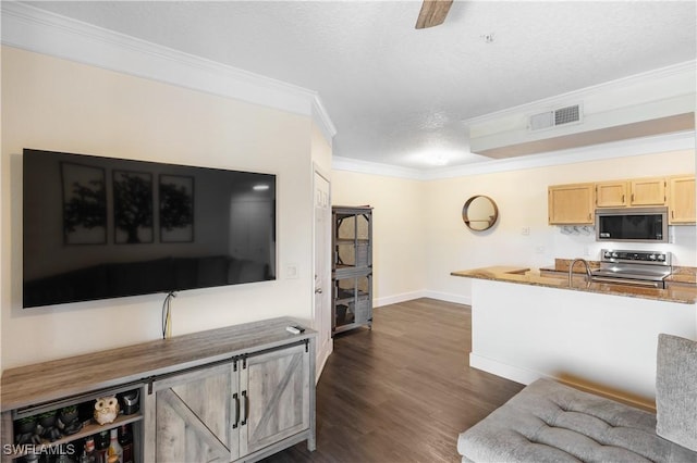11520 Villa Grand Unit 1018, Fort Myers, FL 33913 - living room with baseboards, a textured ceiling, crown molding, visible vents, and dark wood finished floors
