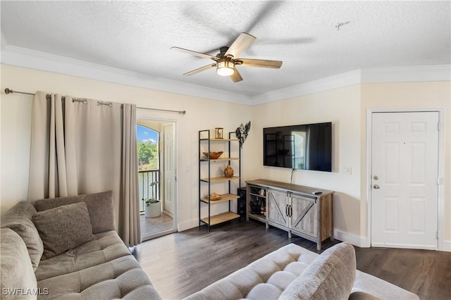 11520 Villa Grand Unit 1018, Fort Myers, FL 33913 - living room with baseboards, ornamental molding, dark wood-style floors, a textured ceiling, and a ceiling fan
