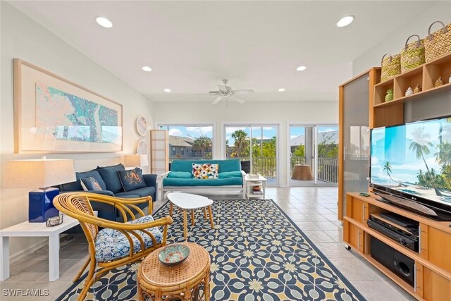 984 Black Skimmer Way, Sanibel, FL 33957 - living area with light tile patterned floors, recessed lighting, and a ceiling fan