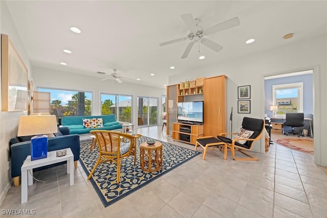 984 Black Skimmer Way, Sanibel, FL 33957 - living room featuring ceiling fan, recessed lighting, and light tile patterned floors