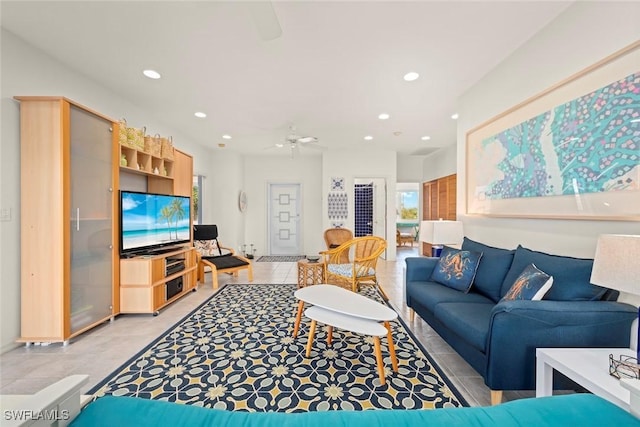 984 Black Skimmer Way, Sanibel, FL 33957 - living area with light tile patterned flooring, recessed lighting, and a ceiling fan