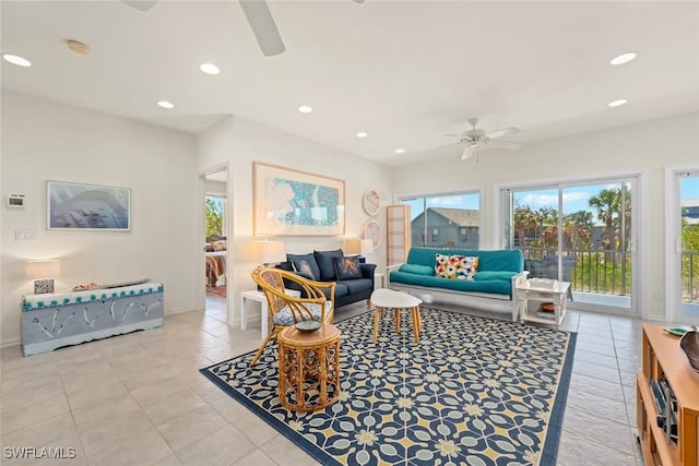 984 Black Skimmer Way, Sanibel, FL 33957 - living room with light tile patterned floors, recessed lighting, baseboards, and ceiling fan