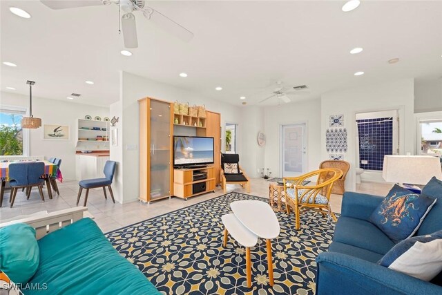 984 Black Skimmer Way, Sanibel, FL 33957 - living area featuring light tile patterned floors, recessed lighting, visible vents, and ceiling fan