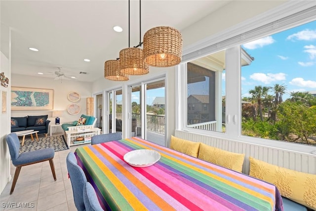 984 Black Skimmer Way, Sanibel, FL 33957 - dining space featuring visible vents, ceiling fan, recessed lighting, and light tile patterned floors