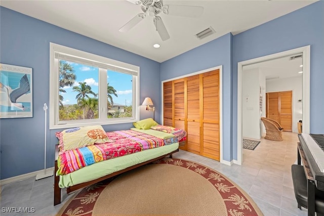 984 Black Skimmer Way, Sanibel, FL 33957 - tiled bedroom featuring baseboards, a closet, ceiling fan, and visible vents