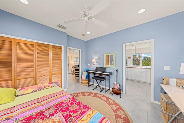 984 Black Skimmer Way, Sanibel, FL 33957 - tiled bedroom featuring a closet, ensuite bath, visible vents, and recessed lighting