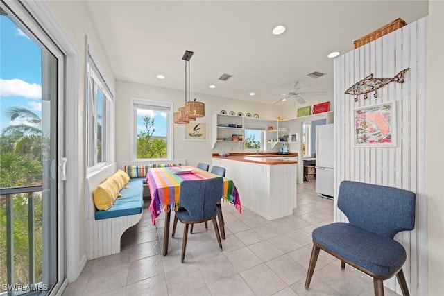 984 Black Skimmer Way, Sanibel, FL 33957 - dining area featuring light tile patterned flooring, visible vents, recessed lighting, and a ceiling fan