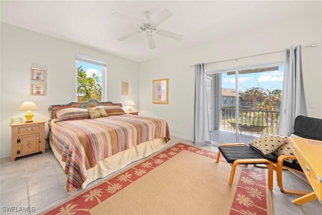 984 Black Skimmer Way, Sanibel, FL 33957 - bedroom with baseboards, access to exterior, ceiling fan, and light tile patterned floors
