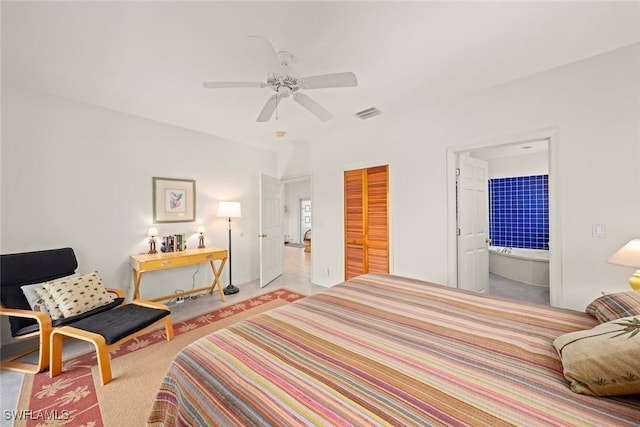 984 Black Skimmer Way, Sanibel, FL 33957 - carpeted bedroom with visible vents, a closet, ceiling fan, and ensuite bathroom