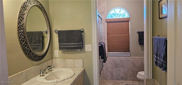 8051 Primrose Blvd, Labelle, FL 33935 - full bathroom with vanity, toilet, tile walls, a wainscoted wall, and tile patterned flooring
