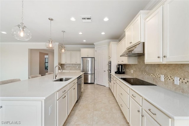 kitchen with a sink, appliances with stainless steel finishes, under cabinet range hood, visible vents, and ornamental molding