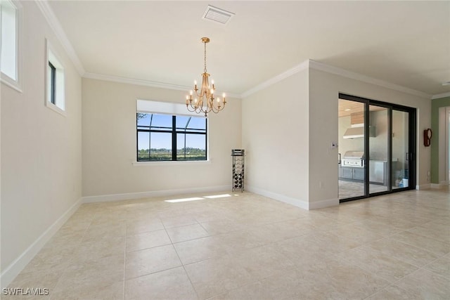 empty room featuring crown molding, baseboards, a chandelier, and visible vents