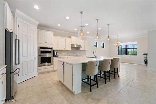 6354 Achievement Ave, Ave Maria, FL 34142 - kitchen with appliances with stainless steel finishes, under cabinet range hood, a sink, crown molding, and light countertops