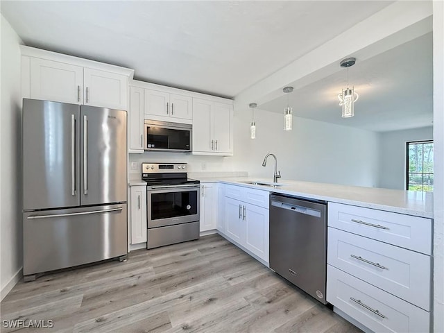 kitchen featuring a sink, white cabinetry, a peninsula, light countertops, and appliances with stainless steel finishes