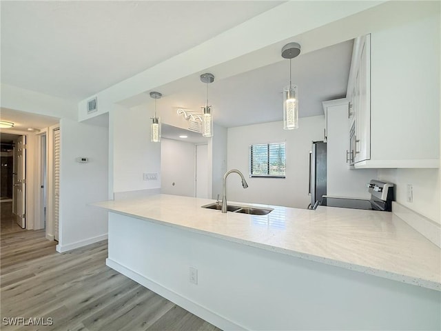 kitchen with white cabinetry, a sink, appliances with stainless steel finishes, light wood-type flooring, and a peninsula