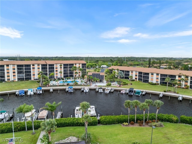 bird's eye view with a water view