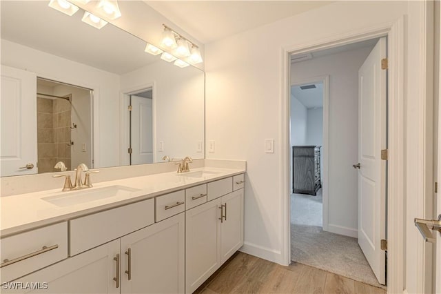 18707 Ivywood Pl, Estero, FL 33928 - bathroom with a sink, baseboards, double vanity, and wood finished floors