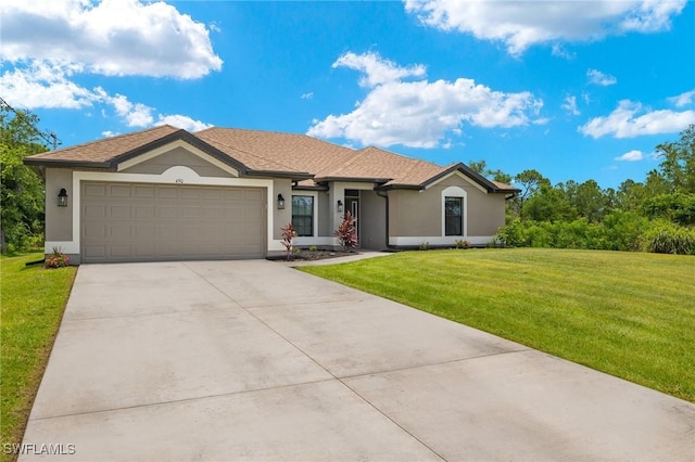 490 Windermere Dr, Lehigh Acres, FL 33972 - ranch-style home with driveway, an attached garage, a front lawn, and stucco siding
